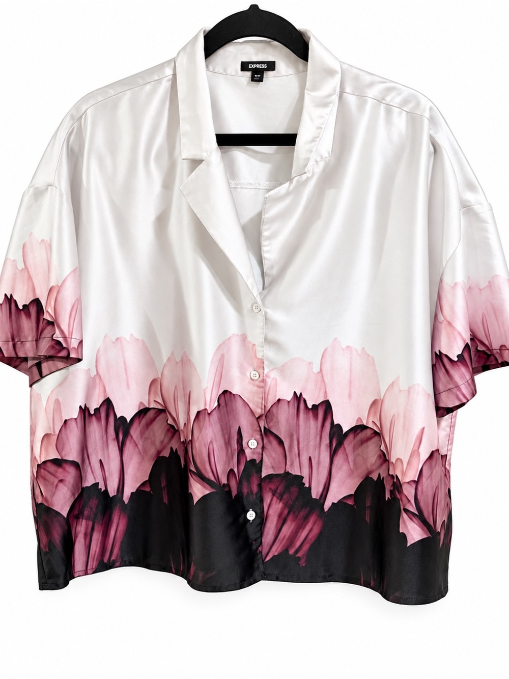 Express Satin Floral Button-Down Top - Pink, White & Black